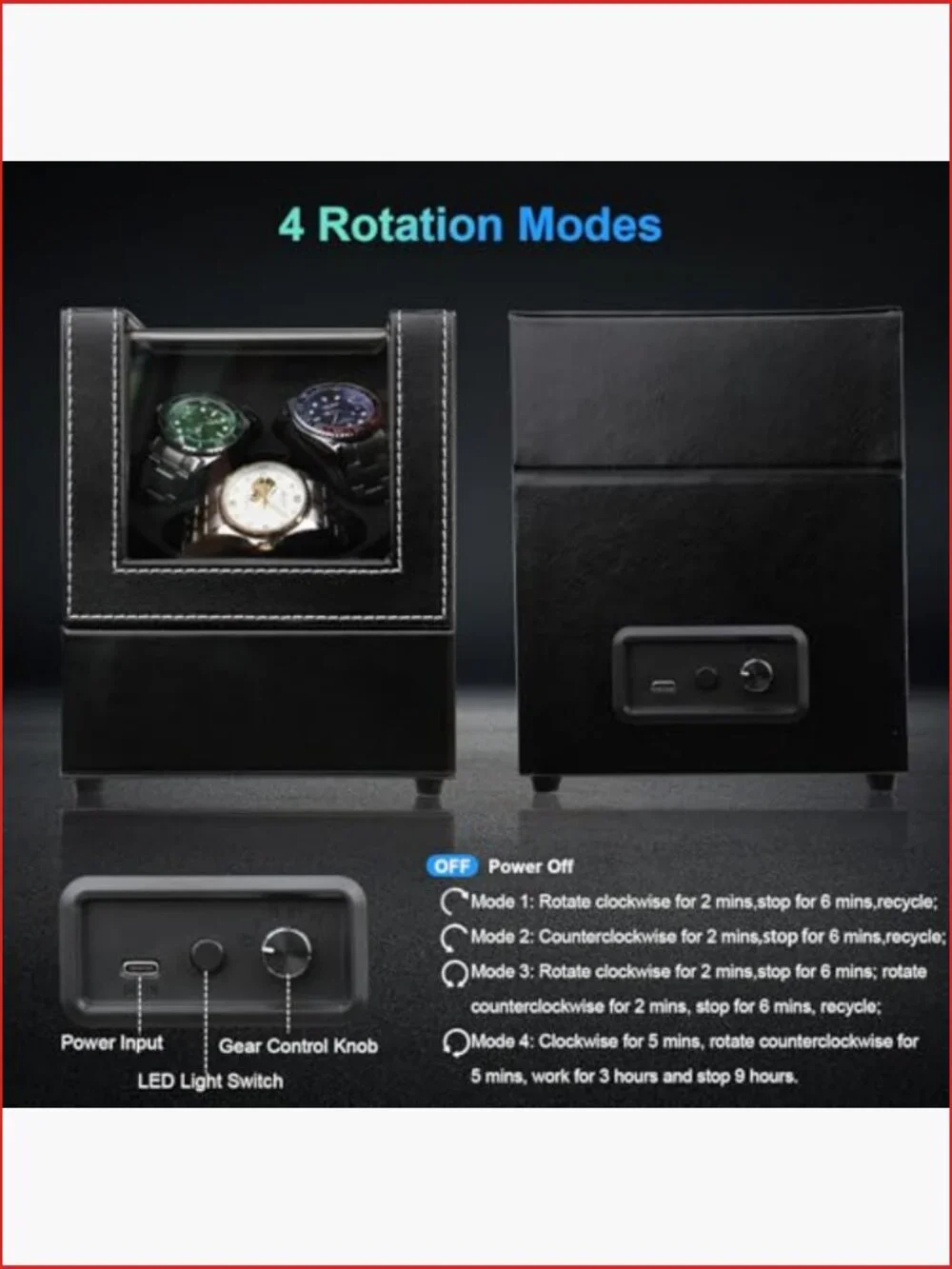 3 Watch Winder with LED Light, Japanese Quiet Motor, 4 Rotation Modes